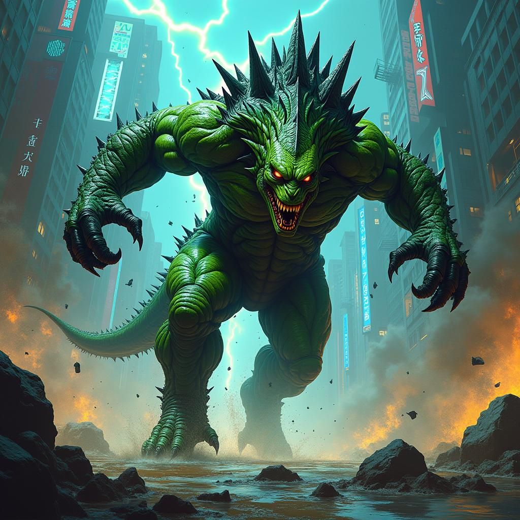 Godzilla Hybrid Runs Through Cyberpunk Cityscape