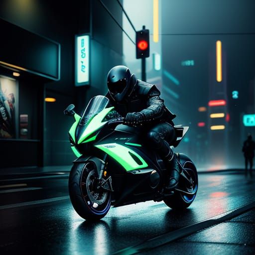 Cyberpunk Wizard Rides Neon Motorcycle Through Rainy City