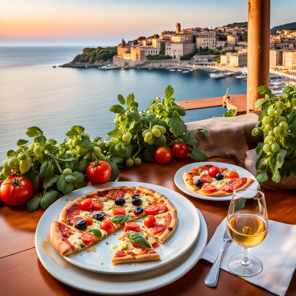 Italian Tavern: Seafood Pizza and Sunset View