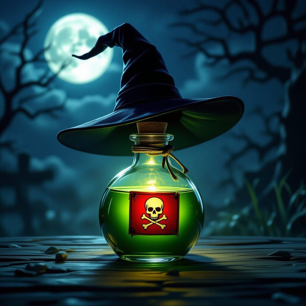 Glowing Potion with Danger Label Under Witch's Hat