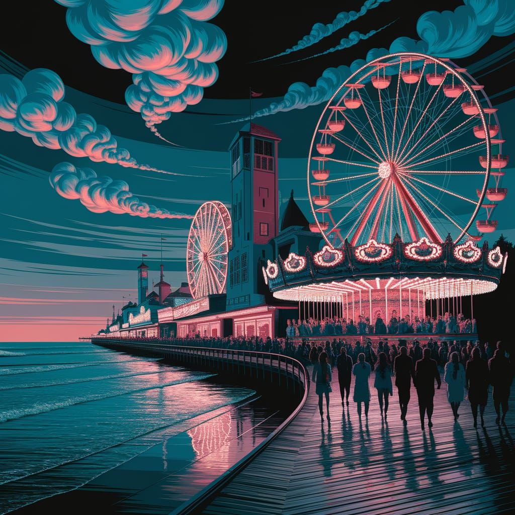 Ethereal Boardwalk Carnival Under Surreal Twinkling Lights