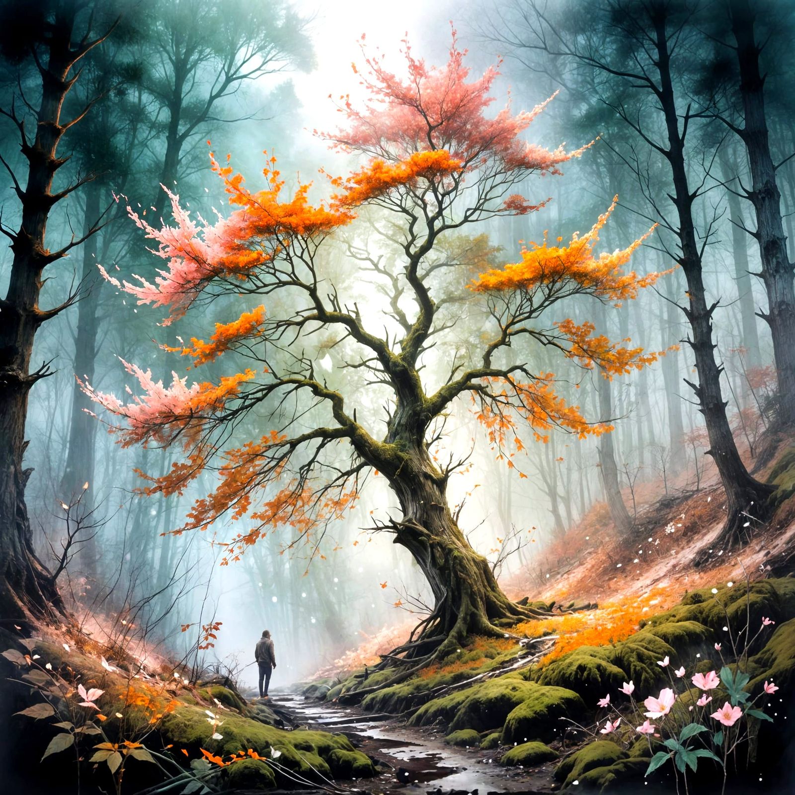 Surreal Winter Forest with Spring Bloom and Moon