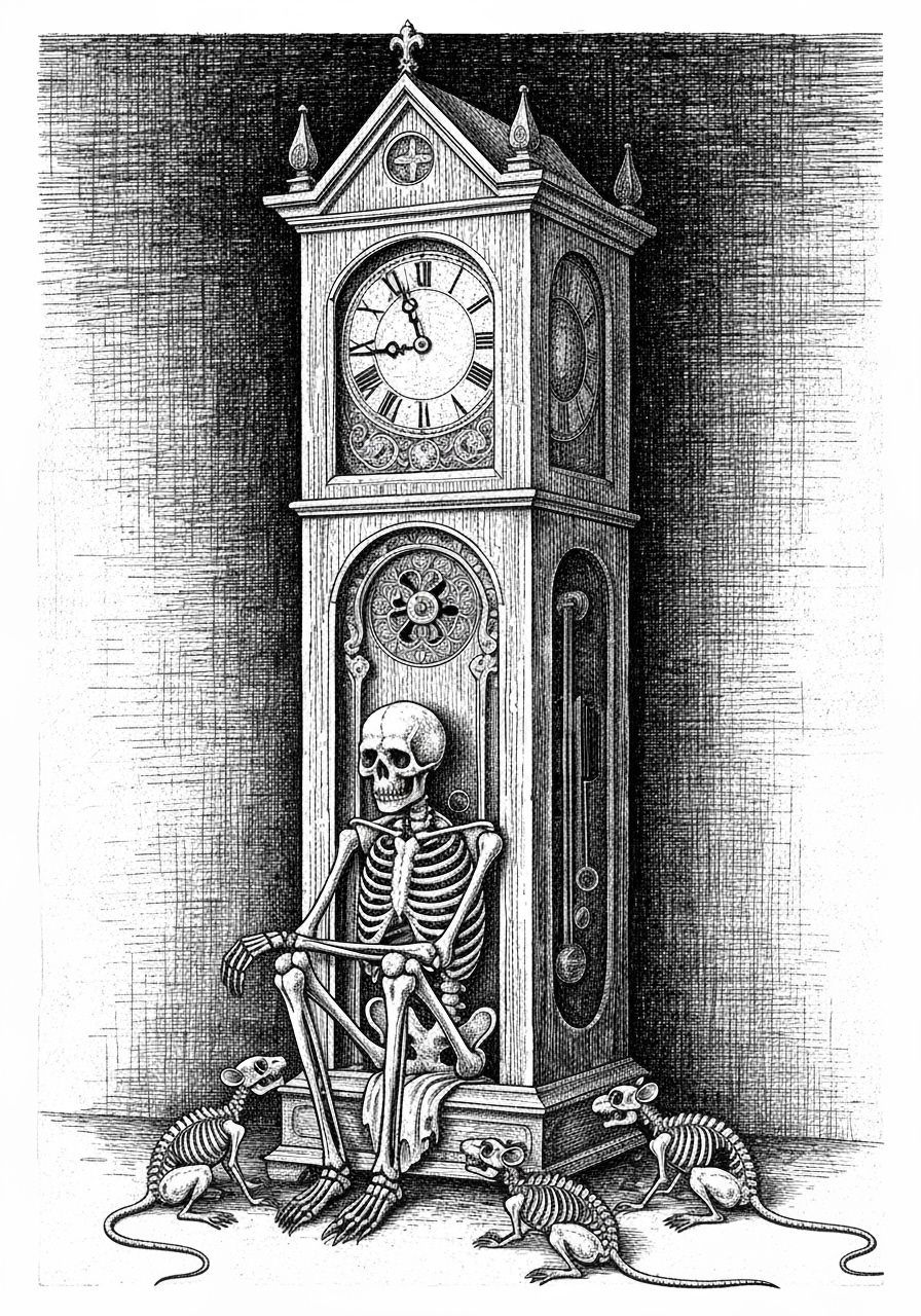 Gothic Line Drawing: Grandfather Clock with Death and Skelet...