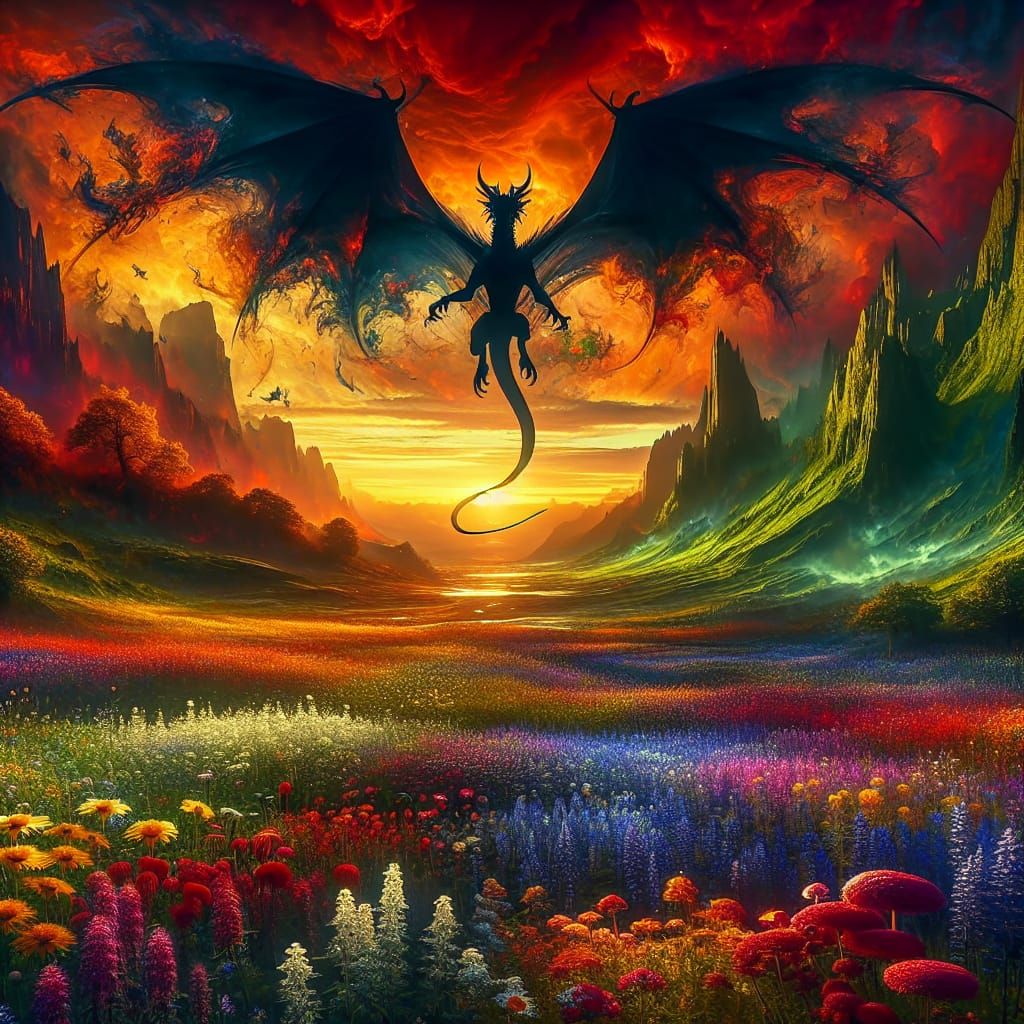 Dragon Silhouette Between Heaven and Hell in Fantasy Art