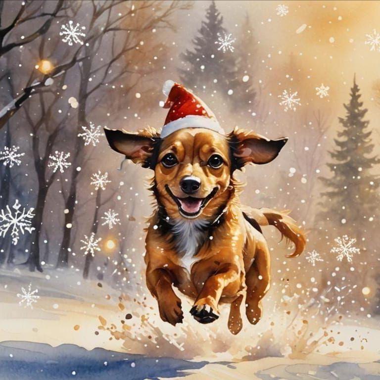 Chiweenie Jumps for Joy in Winter Scene