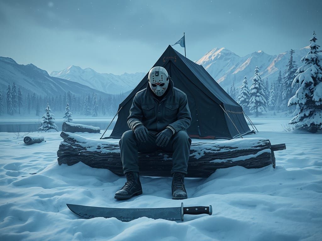 Jason Voorhees sad & bored because nobody comes to Camp Crystal Lake in the winter