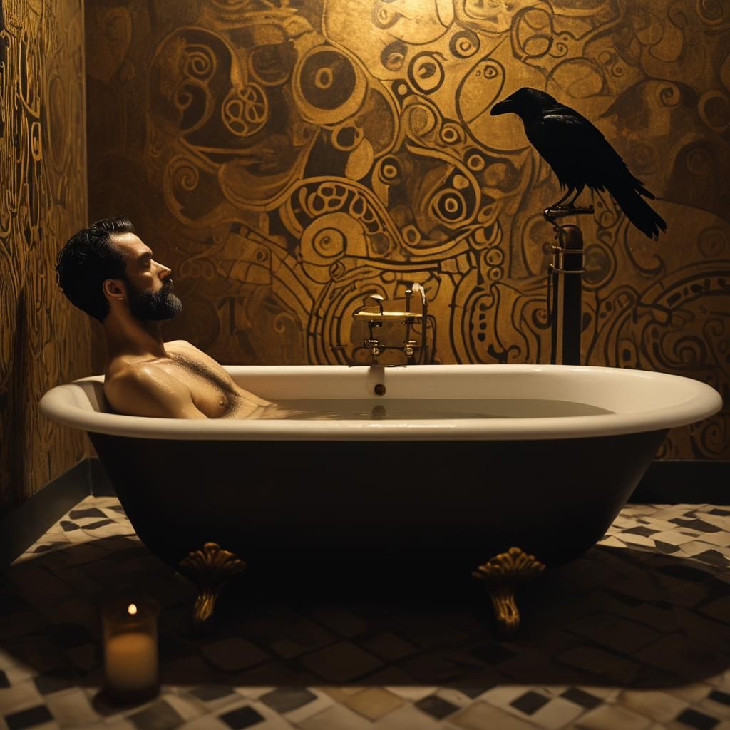 Man in Bath with Raven in Klimt Style