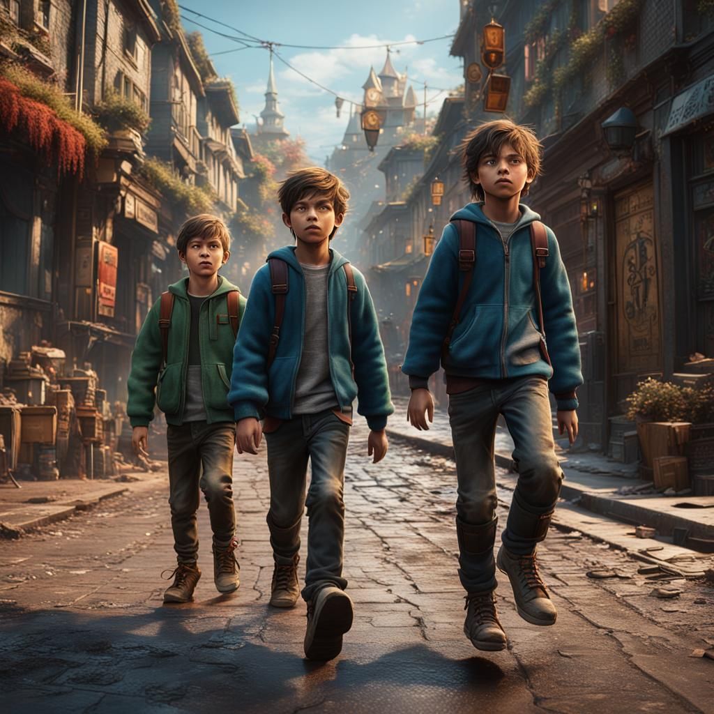 Boys Walking: Detailed Matte Painting in Fantasy Style