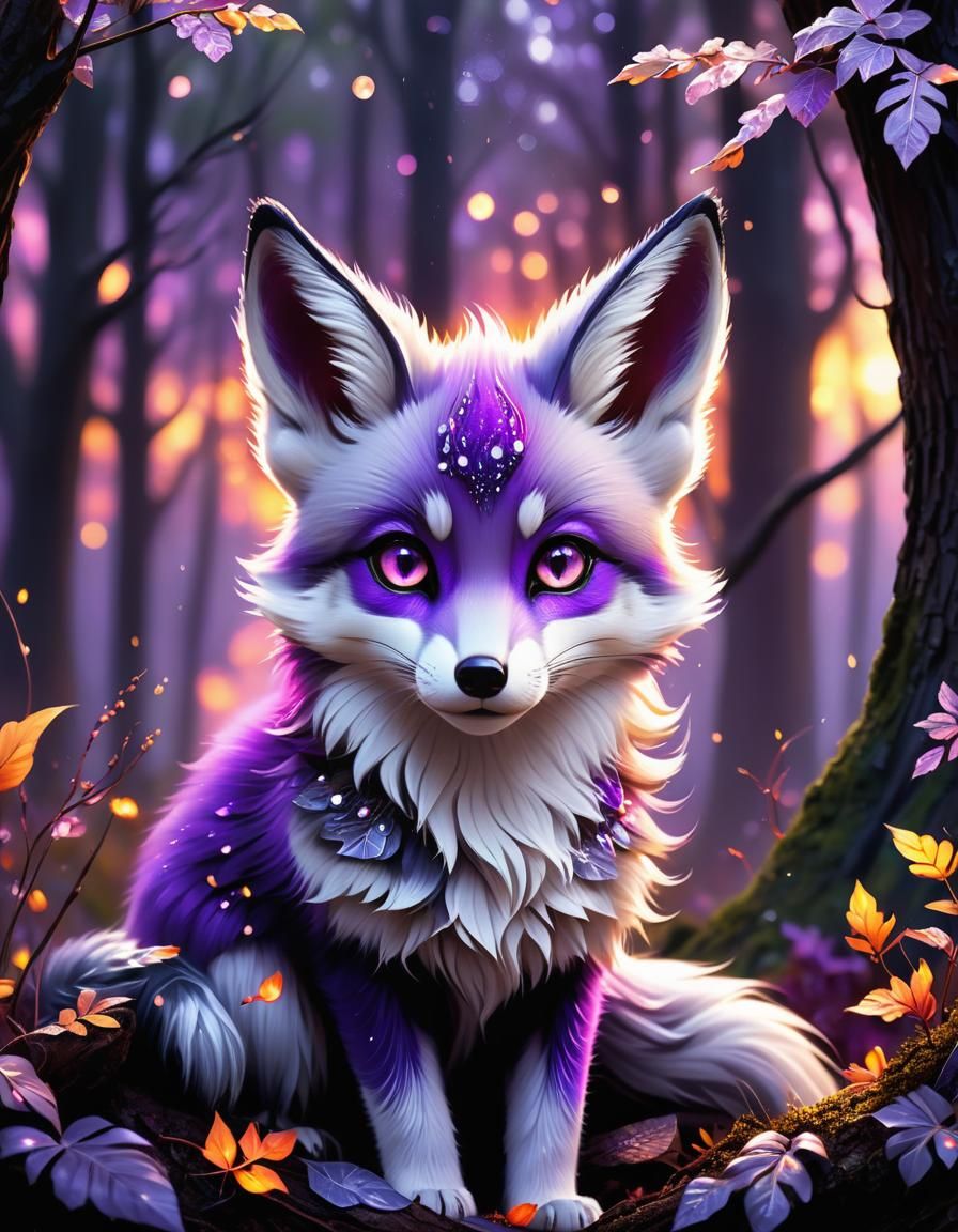Purple Fire Fox in Shimmering Forest Illustration
