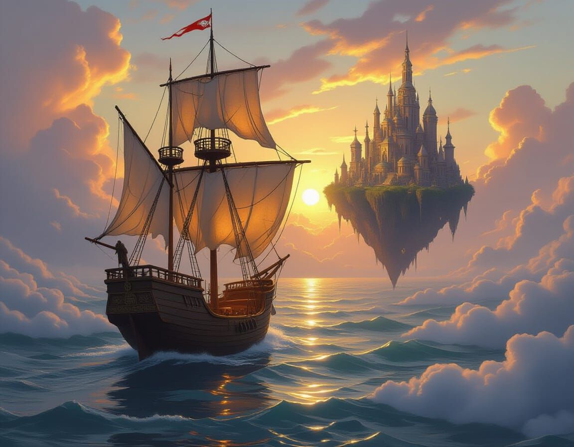 Ethereal Sailing Ship Navigates Cloud Sea to Floating Island