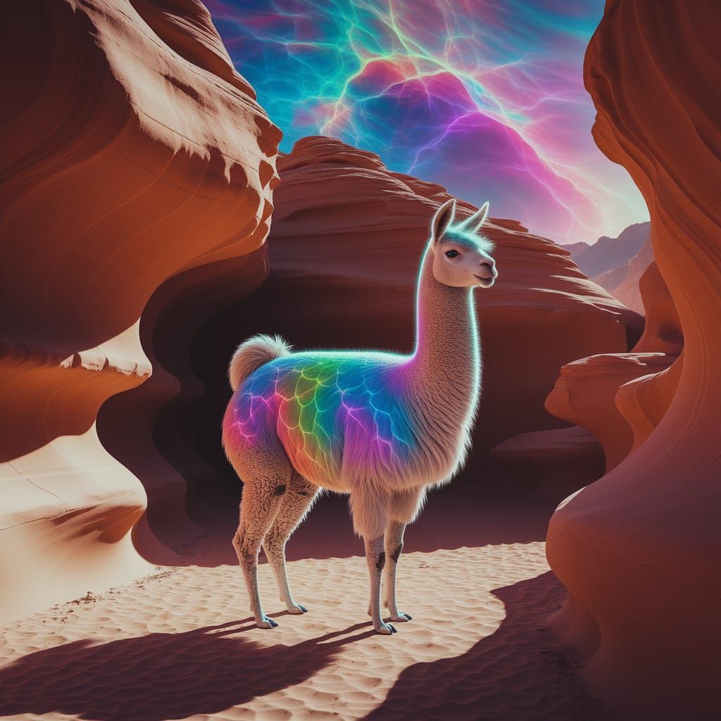 Psychedelic Llama with Kaleidoscopic Sky in Surreal Style