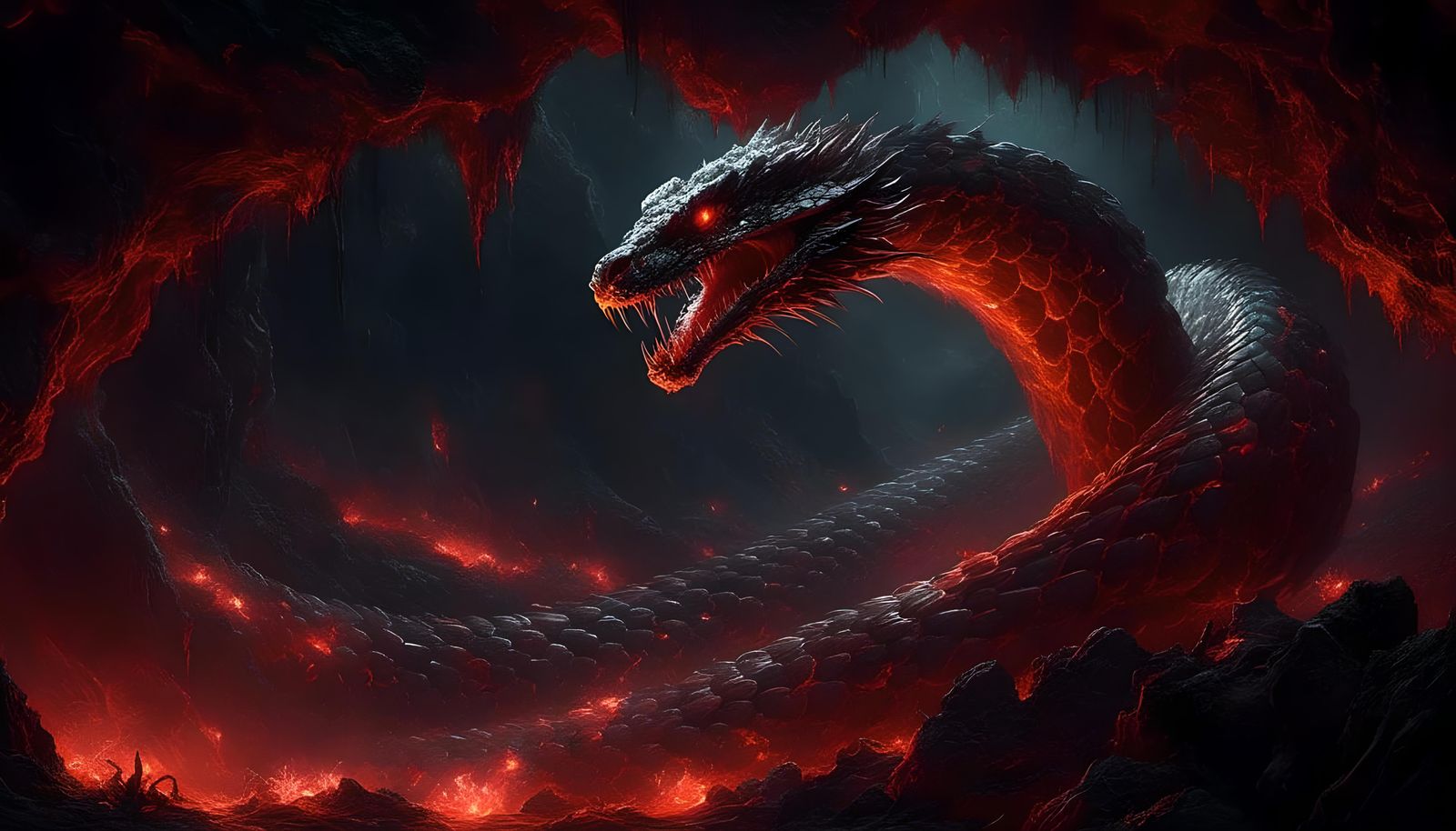 Winged Snake Monster in Dark Cave: Dark Fantasy Art