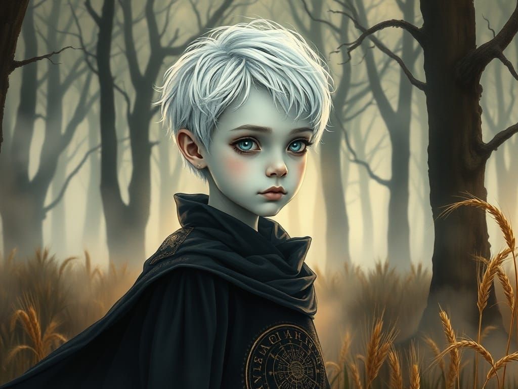 Boy in Shadow Robes in Misty Ancient Forest