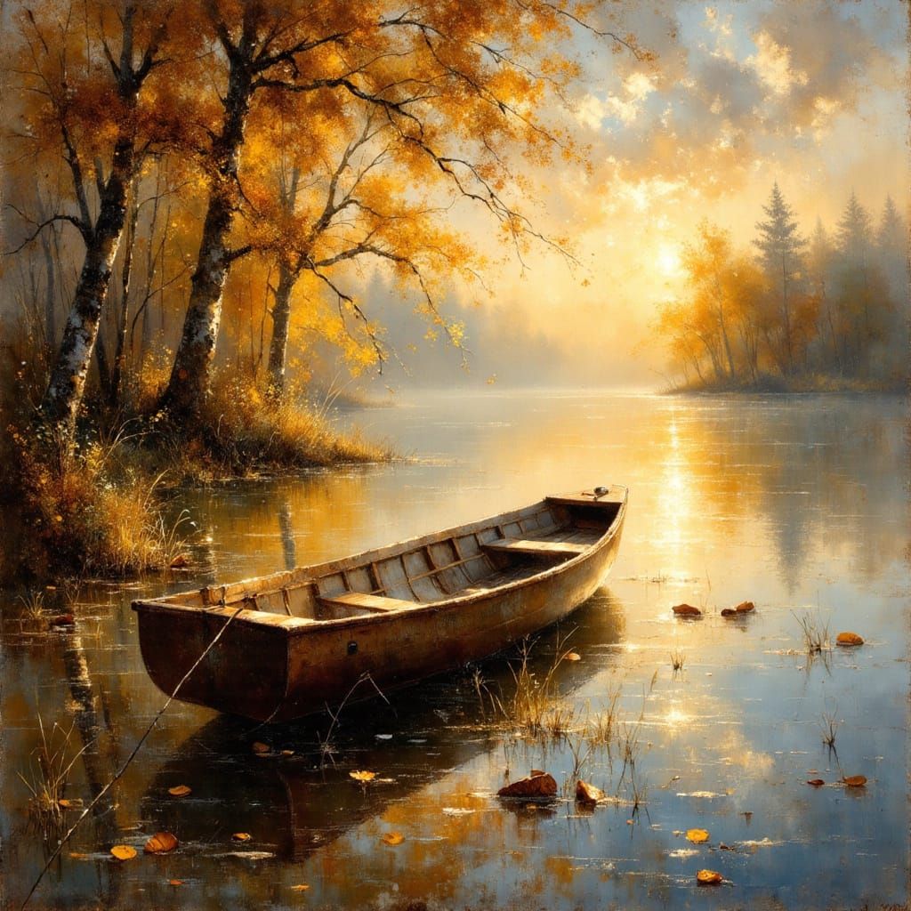 Serene Lakeside Rowboat at Golden Hour Spring