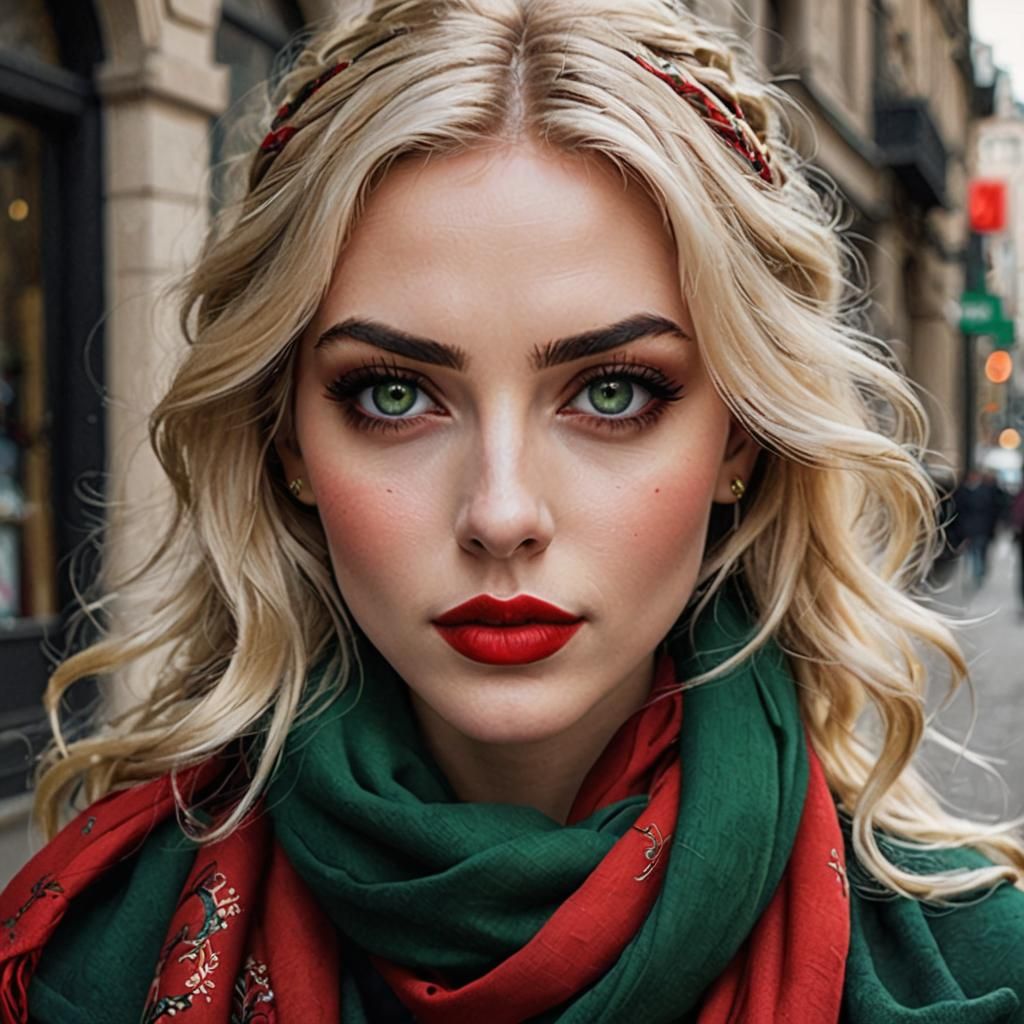 Blonde Girl with Green Eyes and Red Scarf