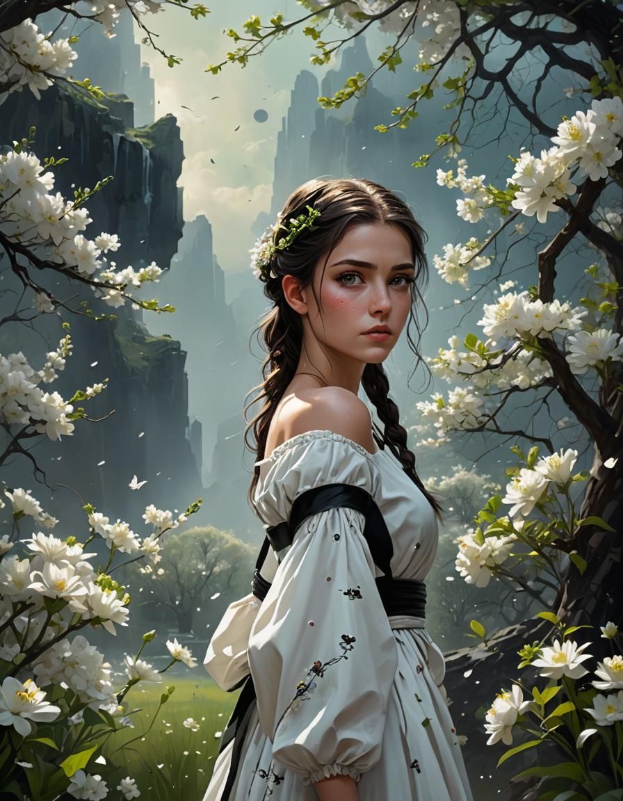 Beautiful Brunette in Spring Landscape: Matte Painting