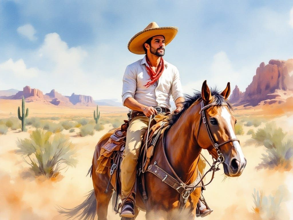 Riding Through Arizona Desert in Impressionist Watercolor