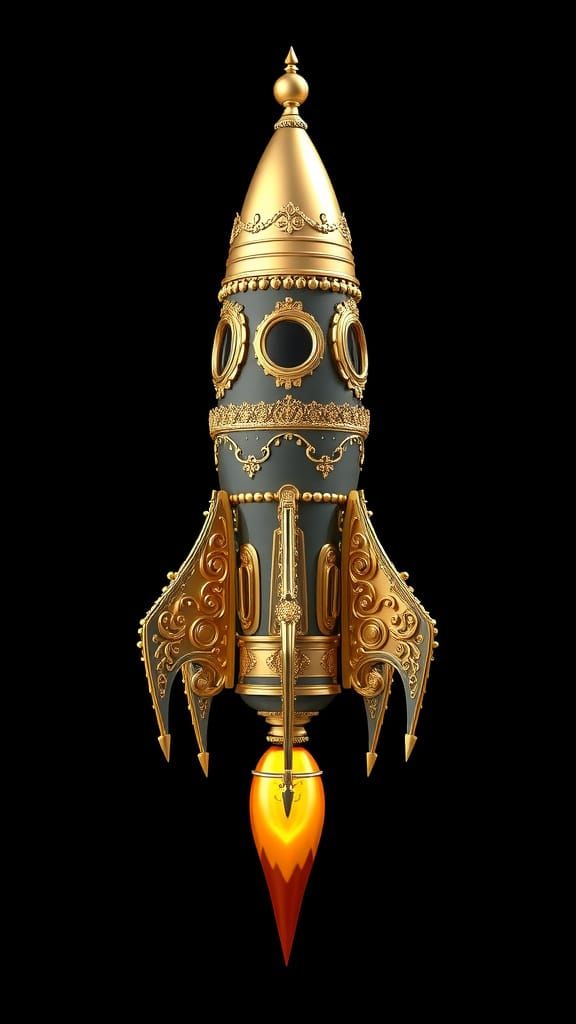 Gold Rocket Ship in Baroque Photorealistic 3D