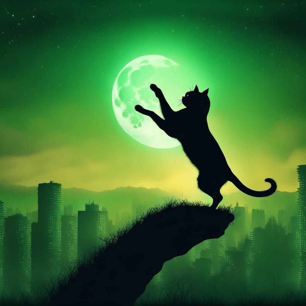 Cat Silhouette Leaping for the Moon at Night