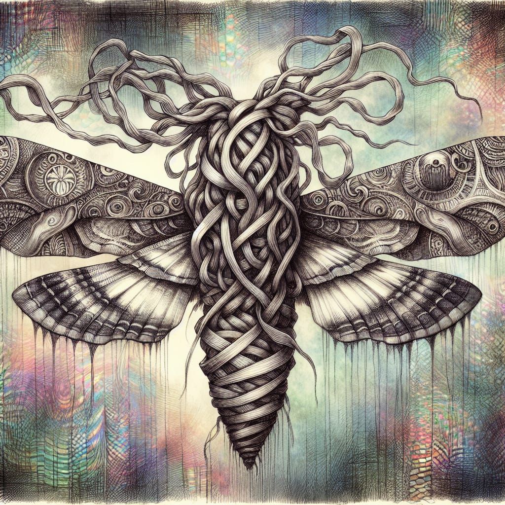 Dreamlike Figure with Ribbon Head and Iridescent Scales