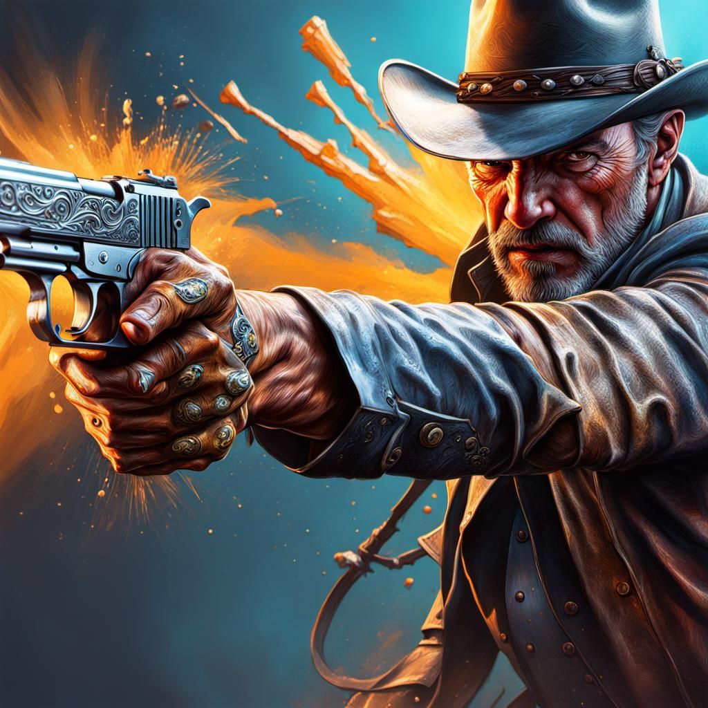 Hyperrealistic Cowboy Gunfight in Splash Art Style