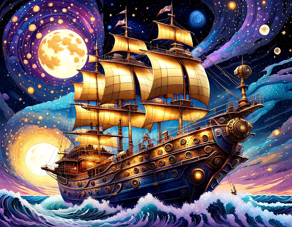 Steampunk Sailboat Navigating Cosmic Storm, Sci-Fi Art