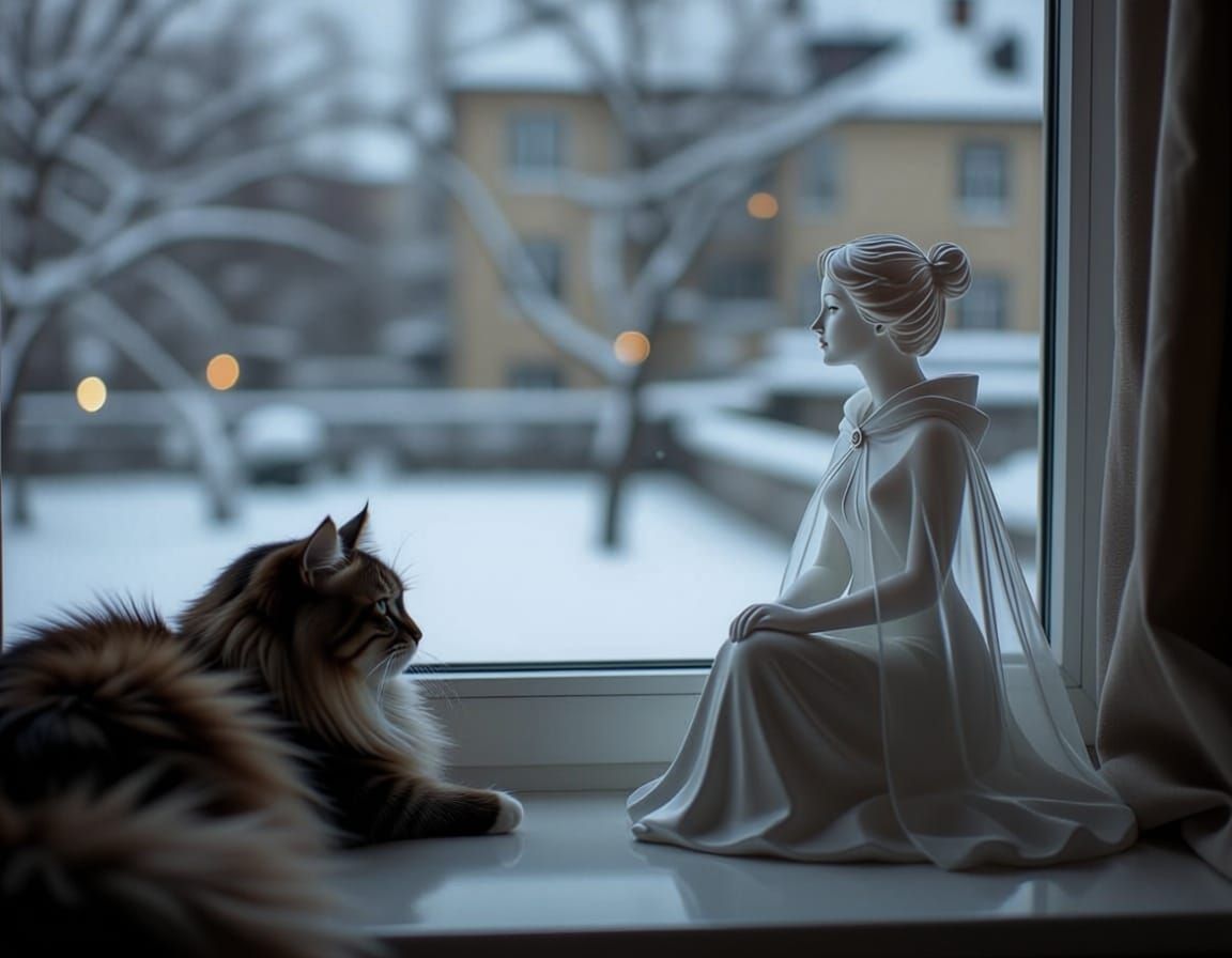 Winter City View With Cat and Statuette
