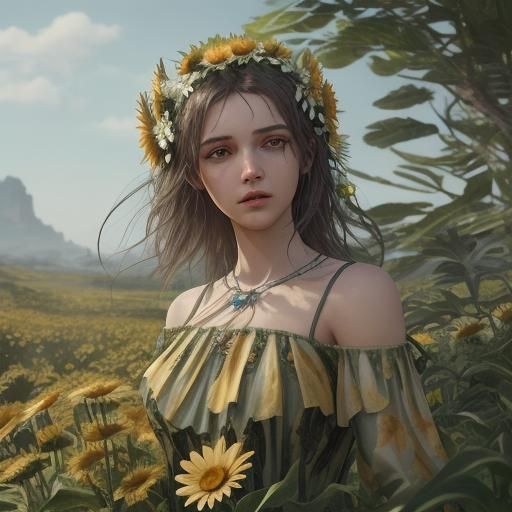 Spring Landscape with Sunflowers and Bees