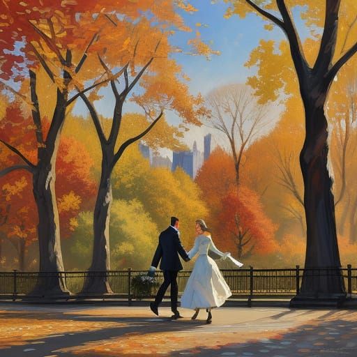 Couple Skating in Central Park: Impressionistic Oil Painting