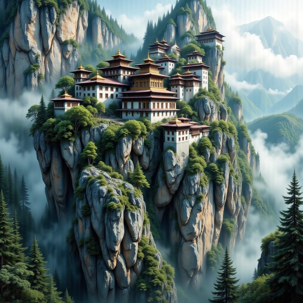 Karst Monastery: Ink Illustration on Mountain Cliff