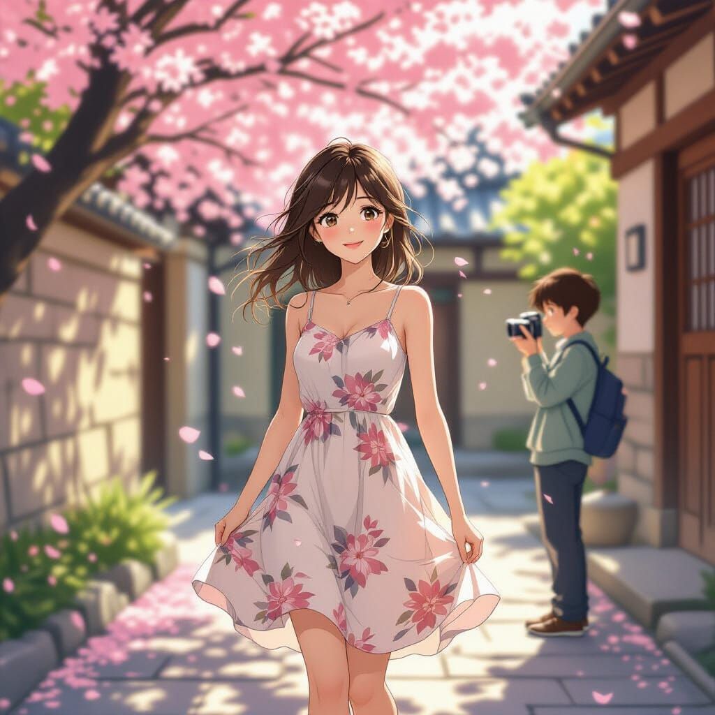 Anime Girl in Sunlit Courtyard Photo