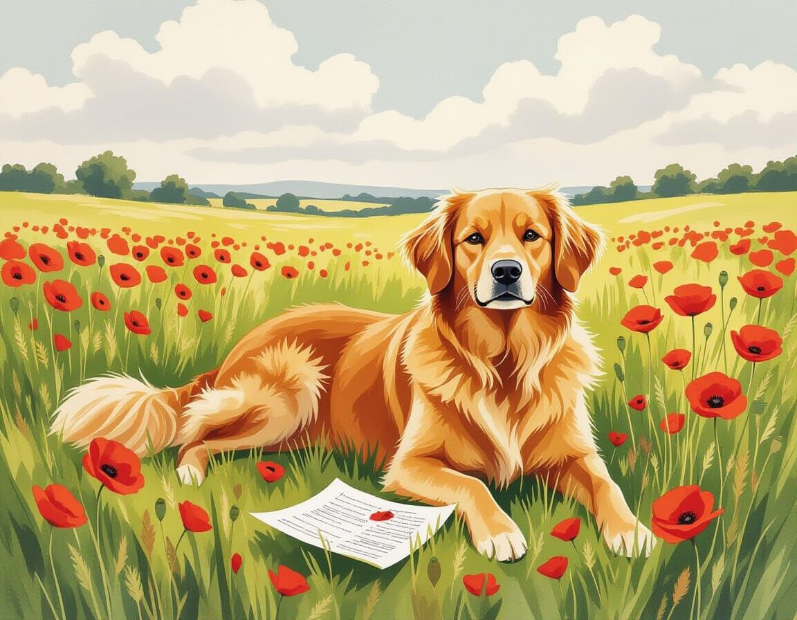 Golden Retriever in Poppy Field Watercolor Illustration