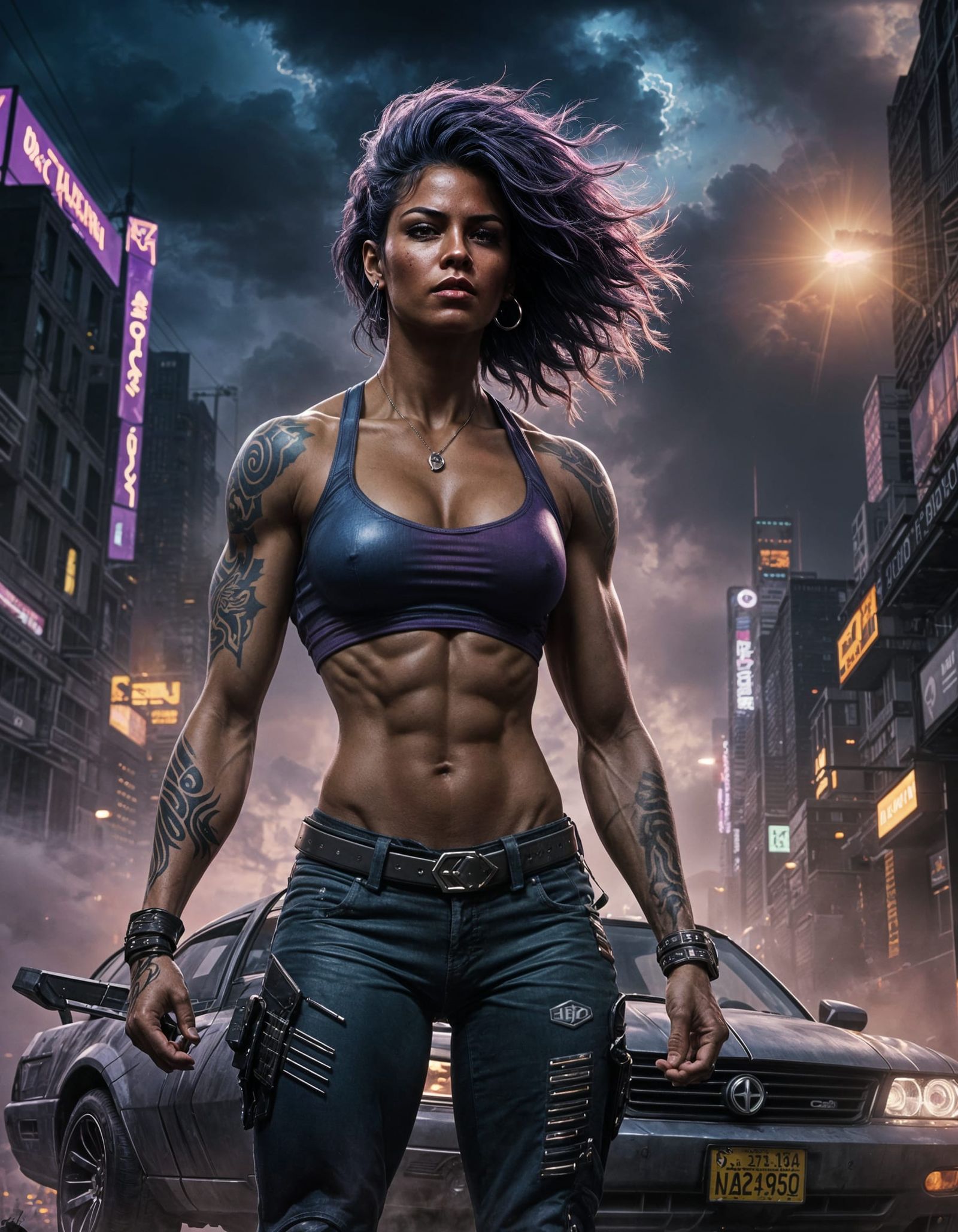 Cyberpunk Bodybuilder in Night City: Dark Triadic Portrait