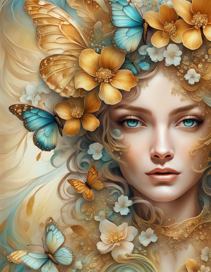 Butterfly Woman: Mixed Media Portrait in Karol Bak Style
