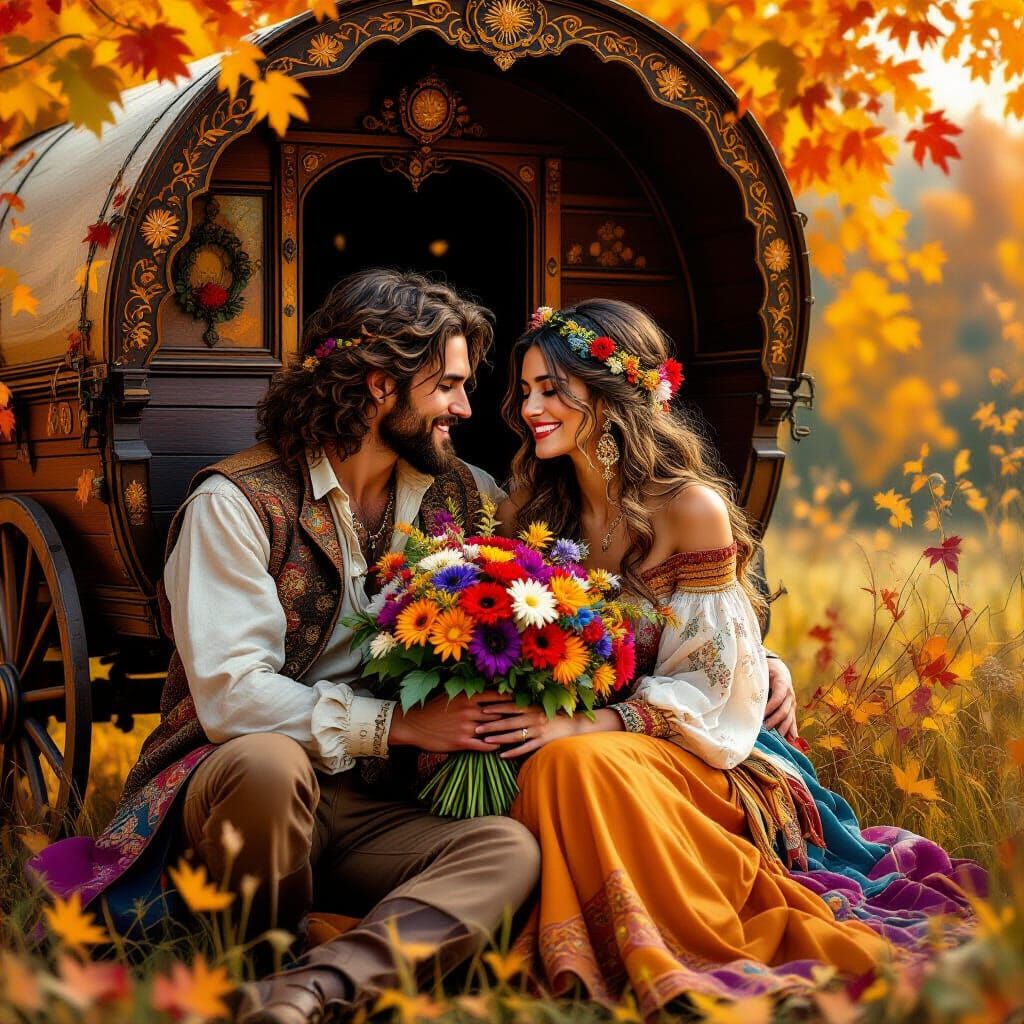 Romantic Gypsy Couple in Autumn, Hyperrealistic Style