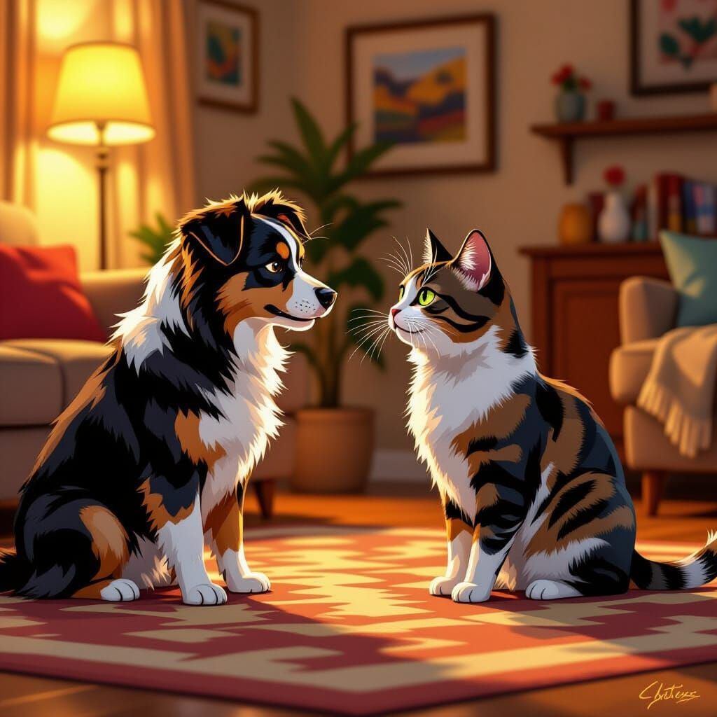 Playful Dog and Cat Face-Off in Digital Art Style