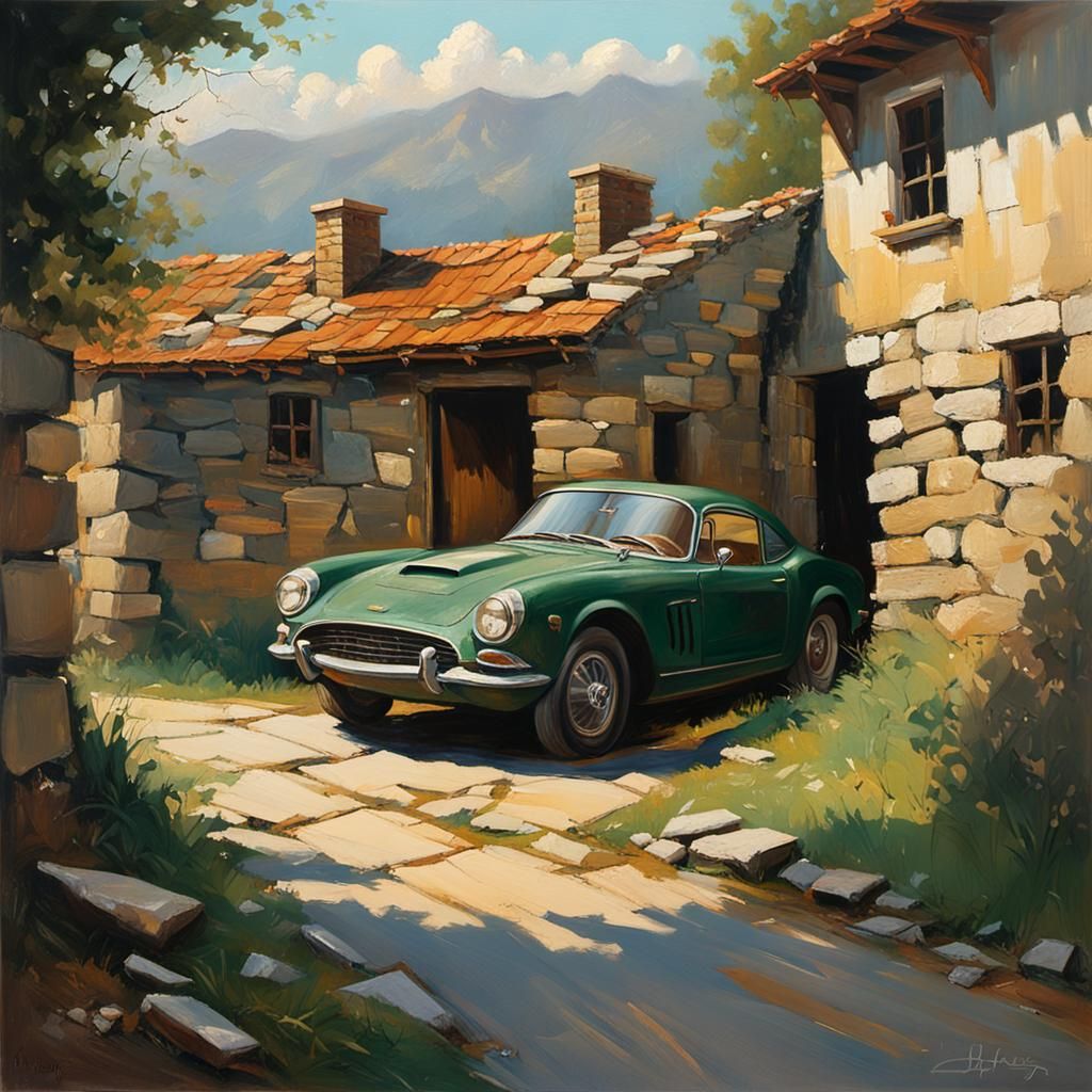 Vintage Car Crash in Gurney-Style Oil Painting
