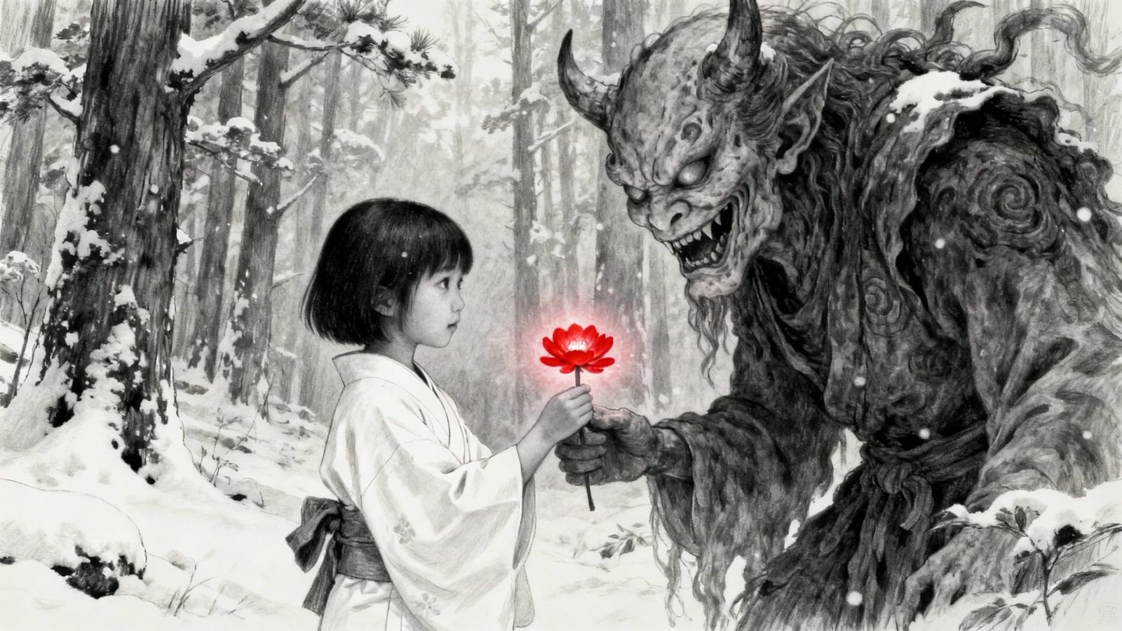 Japanese Girl Offers Flower to Friendly Yokai in Snowy Fores...