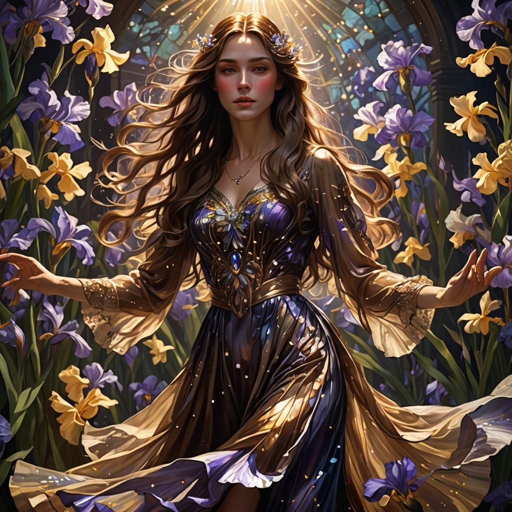 Woman Dancing in Iris Dress: Dark Fantasy Digital Art