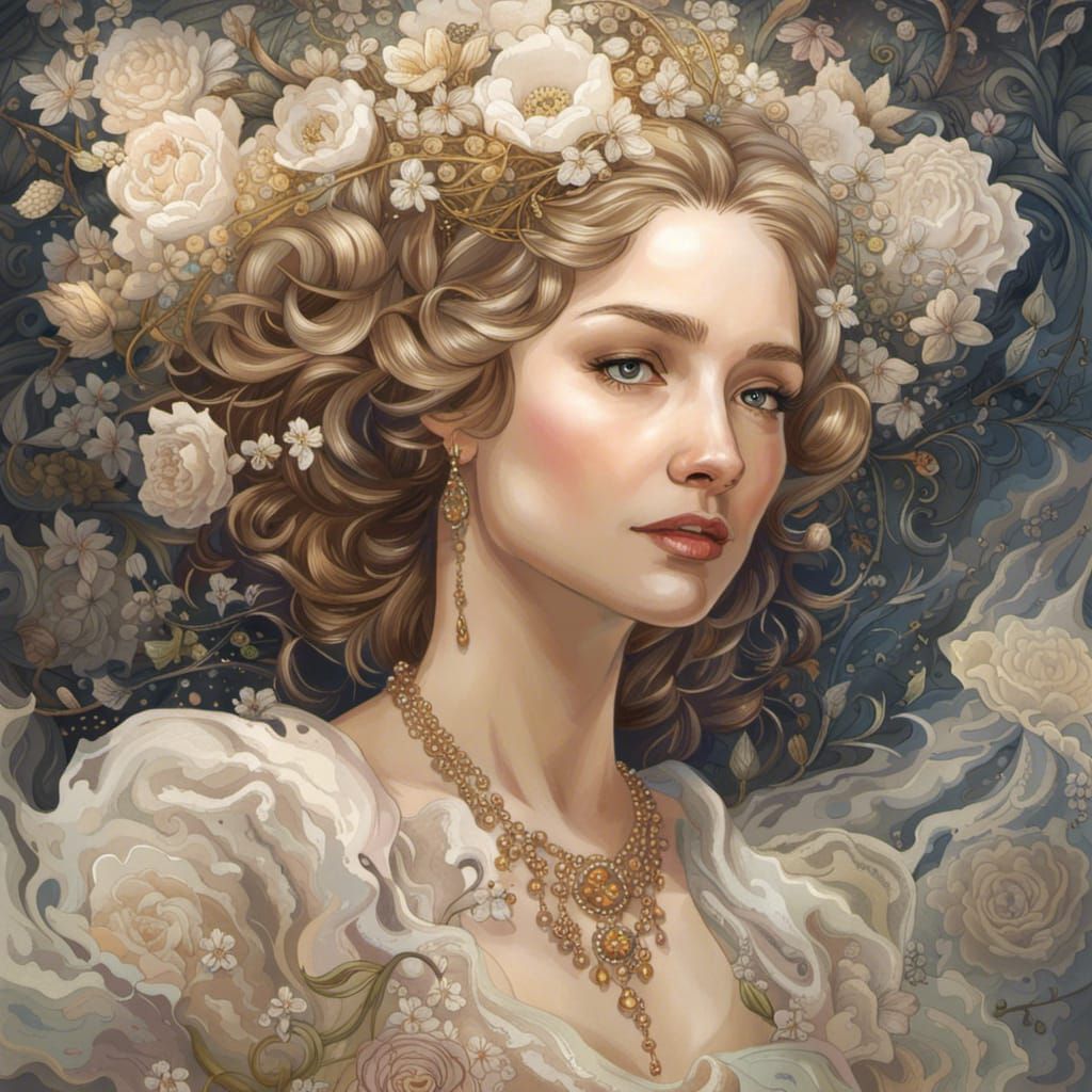 Delicate Woman in White Flowers Portrait