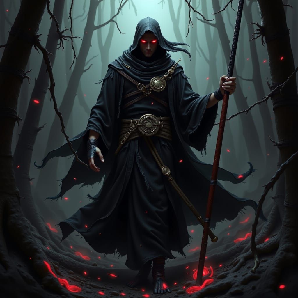 Dark Fantasy Cultivator with Crimson Staff