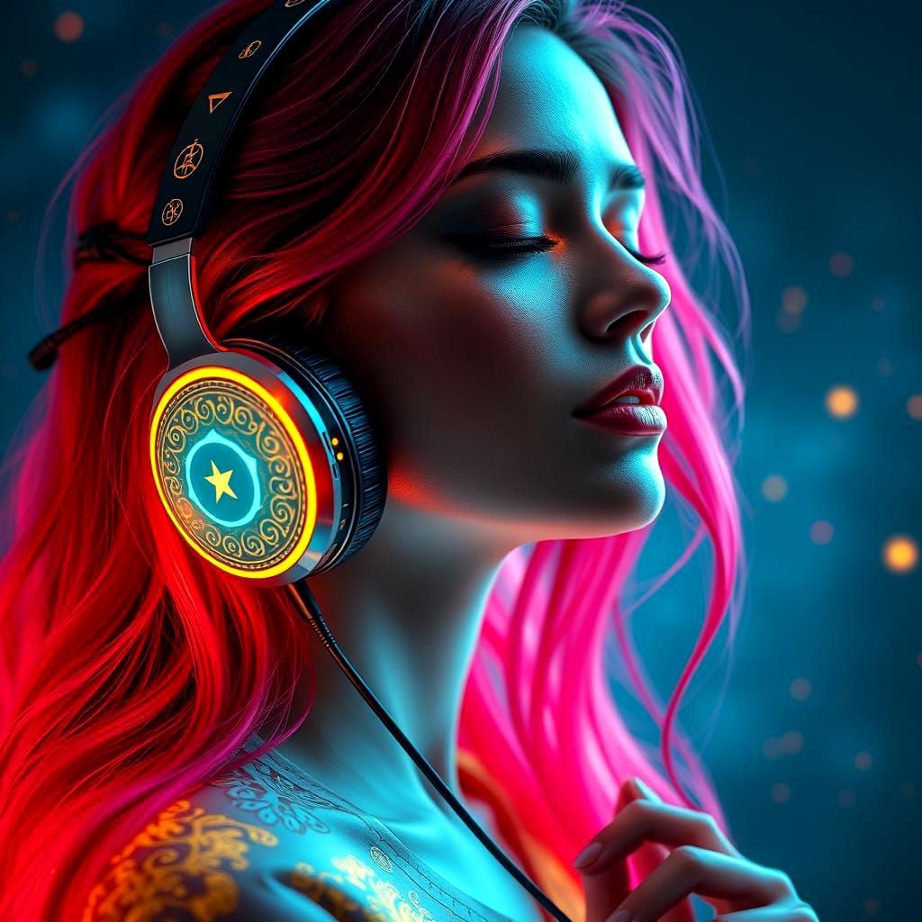 Ethereal Woman with Neon Hair and Headphones