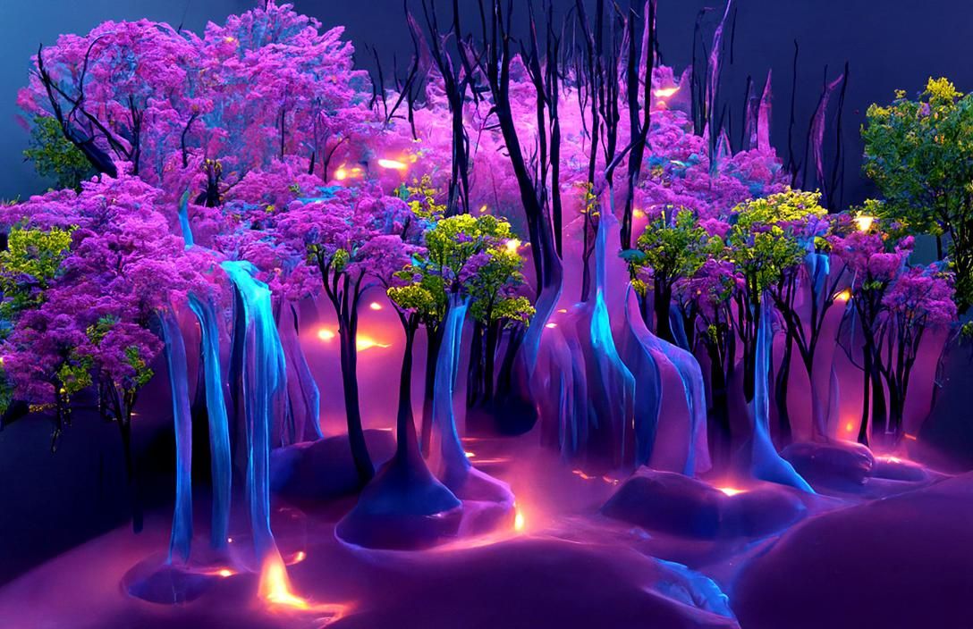 Fantasy Forest with Golden Waterfalls in Hyperreal 3D