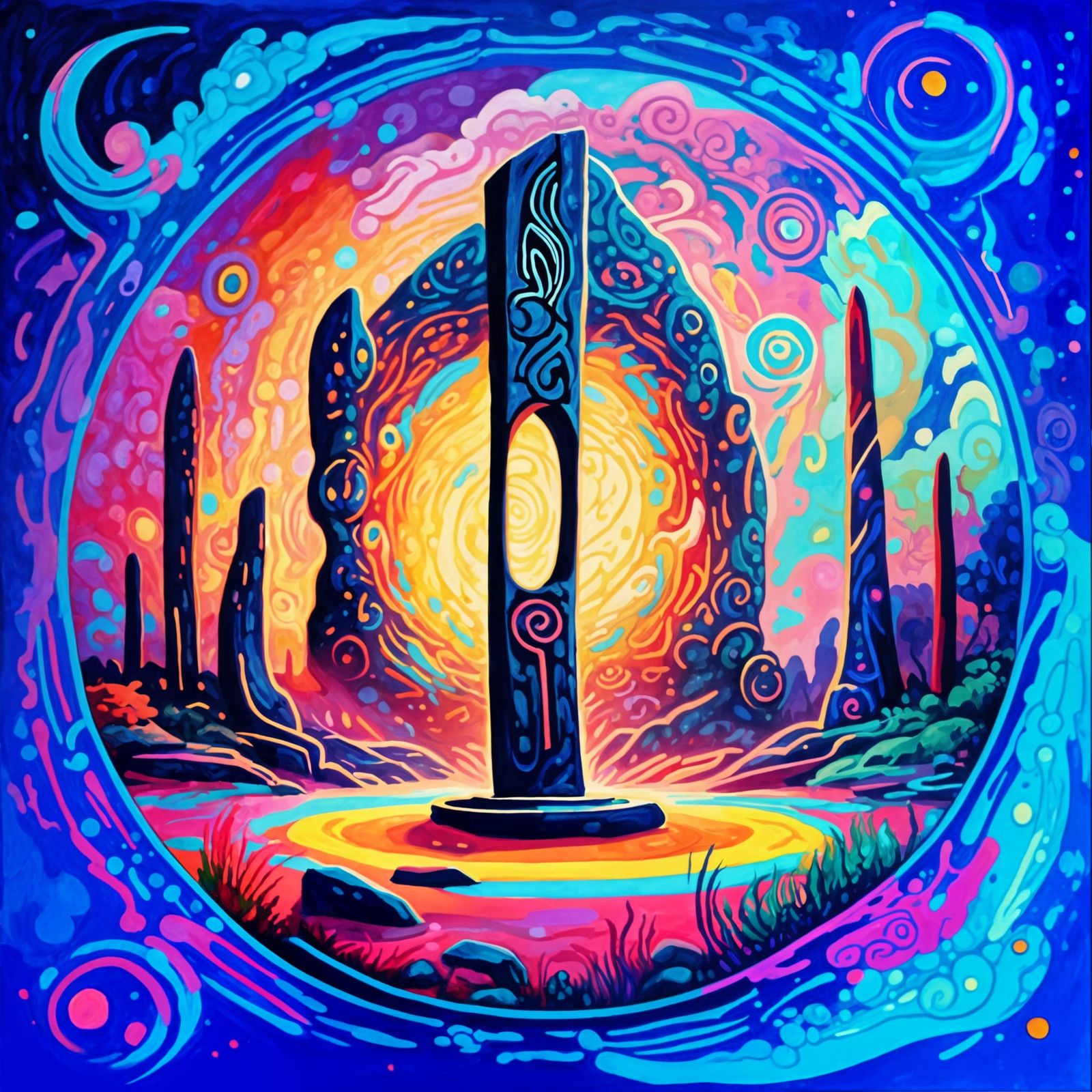 Cosmic Expressionist Portal with Standing Stones