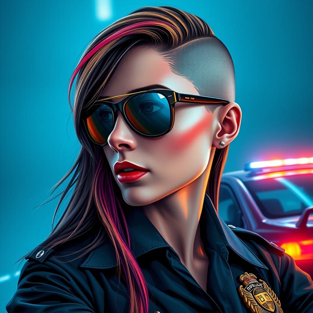 Hyperrealistic Cyberpunk Woman in Police Uniform