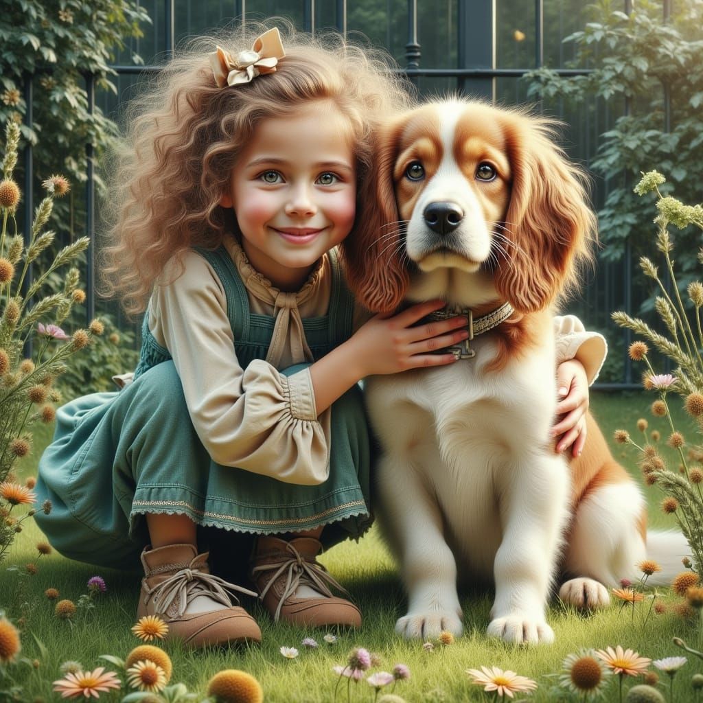 Girl with Dog in Garden, Watercolor and Acrylic