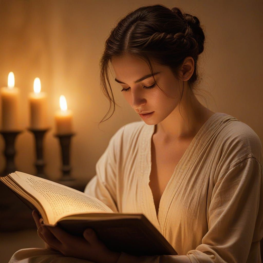 Surreal Women in Candlelit Study with Ancient Book