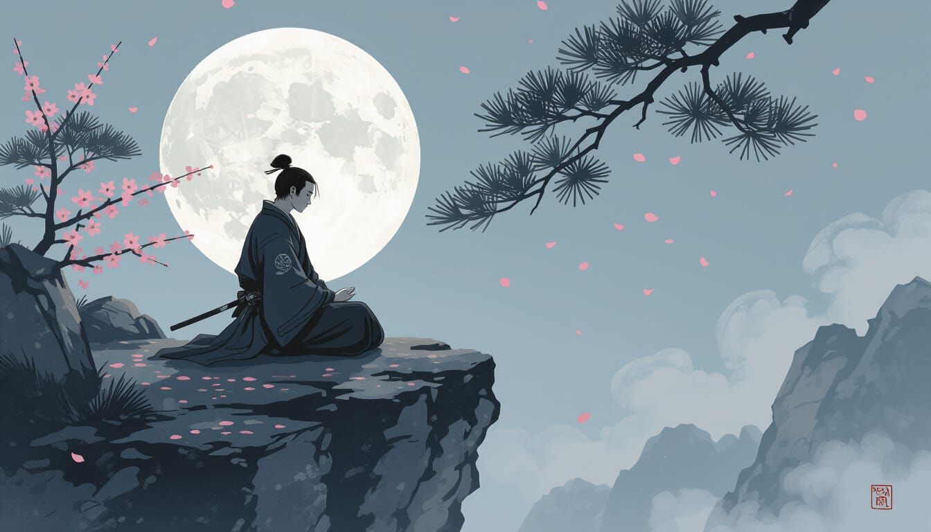 Samurai Meditation Under Moon as Sumi-e Painting