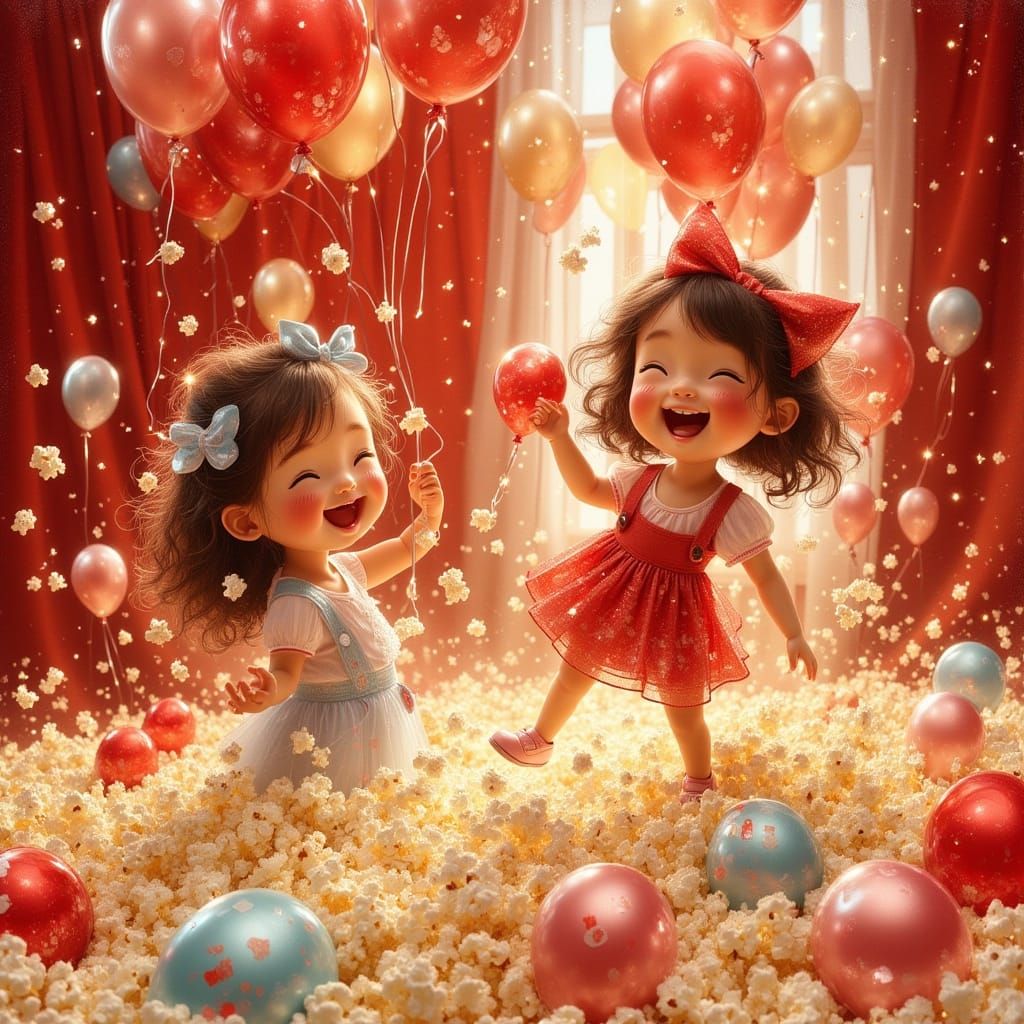 Children Joyfully Playing in Popcorn Room with Balloons