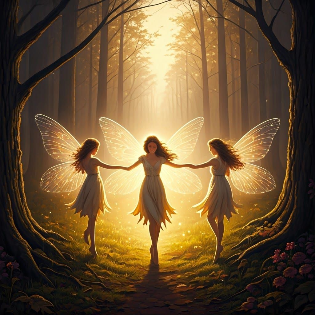 Light Fairies Dancing in Moonlit Forest
